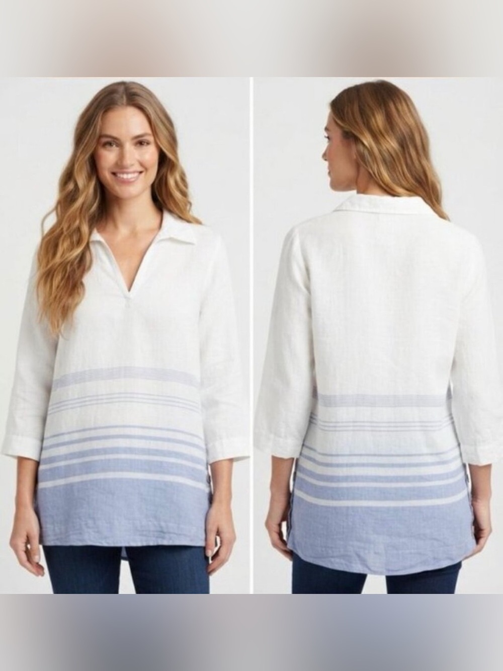 Sigrid Olsen White and Light Blue Striped Linen Coverup Tunic Top Size Medium